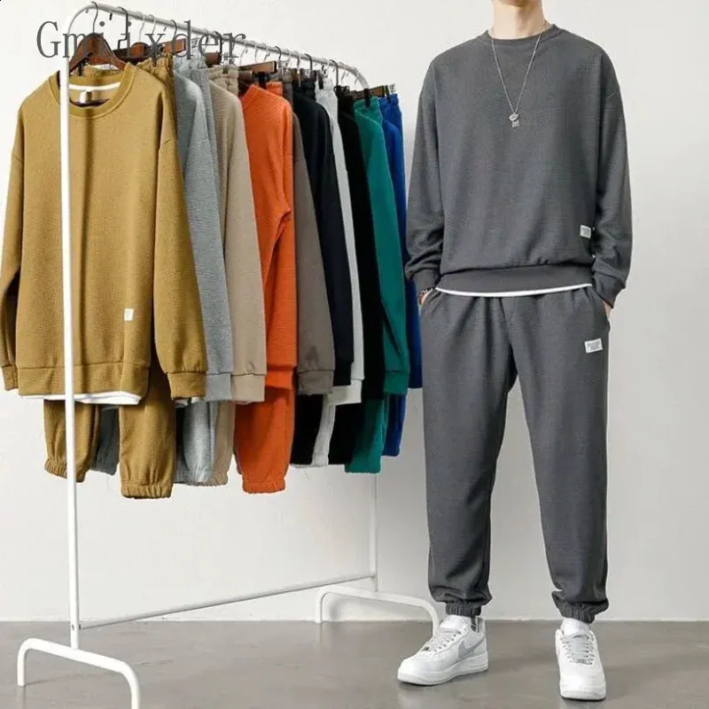 Waffle Suit Uomo Autunno Casual Sport a maniche lunghe Felpa sottile e pantaloni Set in due pezzi Trendy Handsome Tute Hip Hop 240312