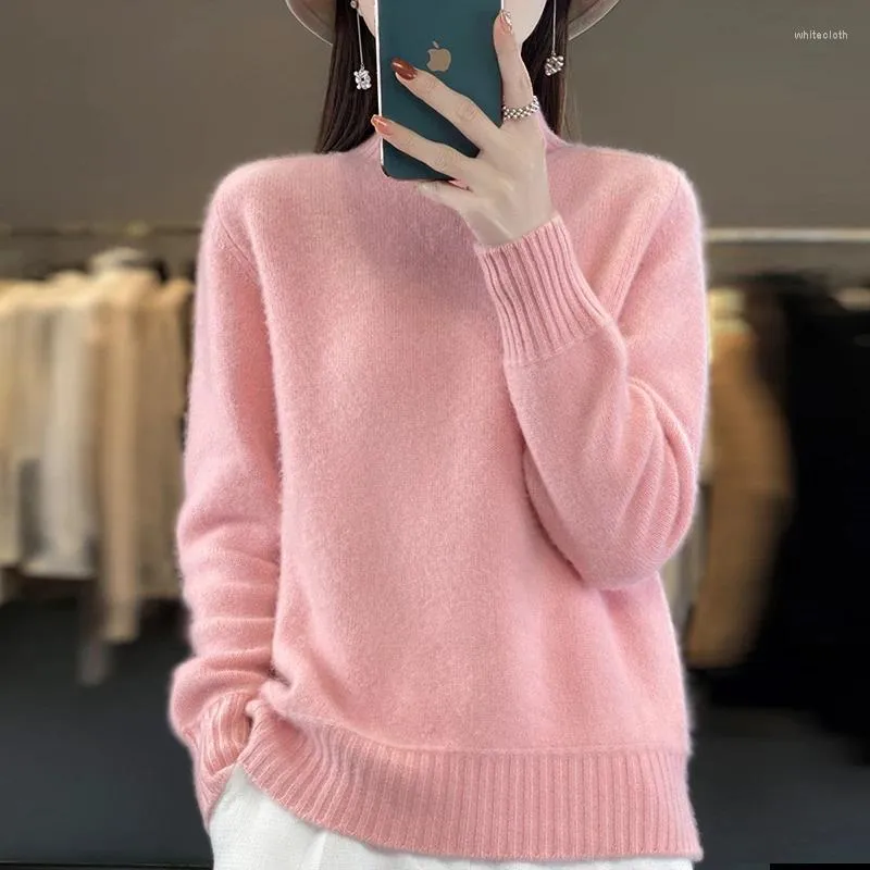 Women's Sweaters 2024 Spring/Autumn Half High Collar Cashmere Sweater Merino Wool Knit Pullover Korean Fashion Female Clothing