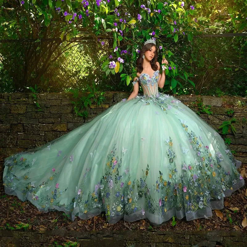 2024 خضراء خضراء فستان quinceanera ثوب 3D فراشة زين الديك