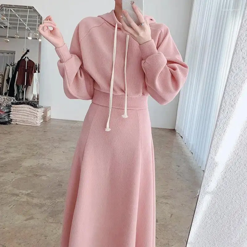 Work Dresses Women Dress Sets Hooded Sweatshirts Solid Color Hoodies Skirts Two Pieces Set High Street Loose Slight Strech Draw String