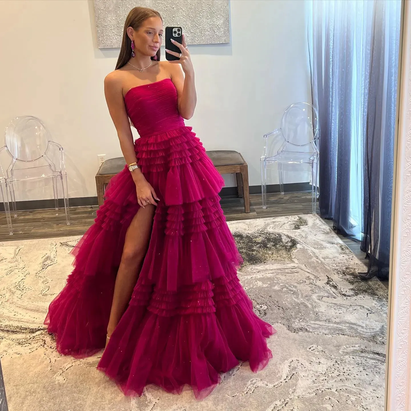 strapless a-line ruffle long prom dress with split Strapless A-Line Black Ruffle Long Prom Dress – FancyVestido main image 1