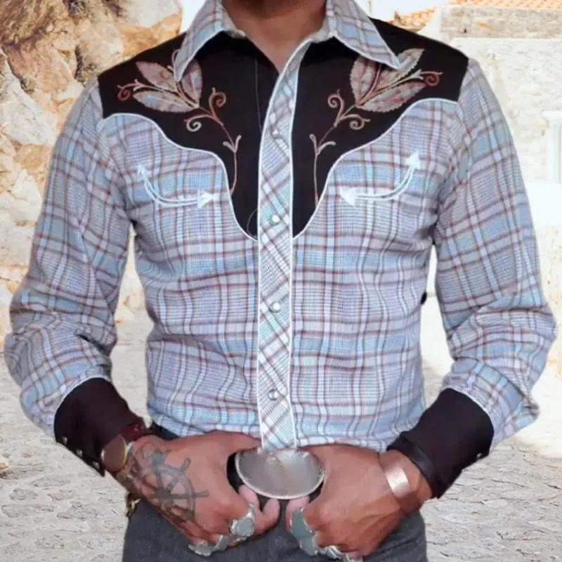 Mäns casual skjortor män långärmad skjorta vintage western cowboy tryck smal passform med avstängda krage knappar snygga för