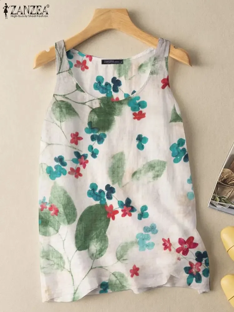 ZANZEA SUMMER VINTAGE FLORLAL PRINTED BLOUSE WOMEN SOREELESS TANKS TOPSボヘミアンビーチホリデーシャツカジュアルルーズブルサスケミス240306