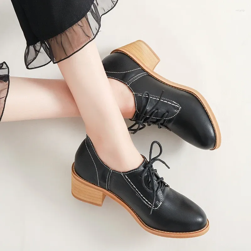 Casual Shoes Spring British Style Women's Preppy Round Toe Career Lace-Up Female Oxfords Retro Thick Heels OULYYYOGO