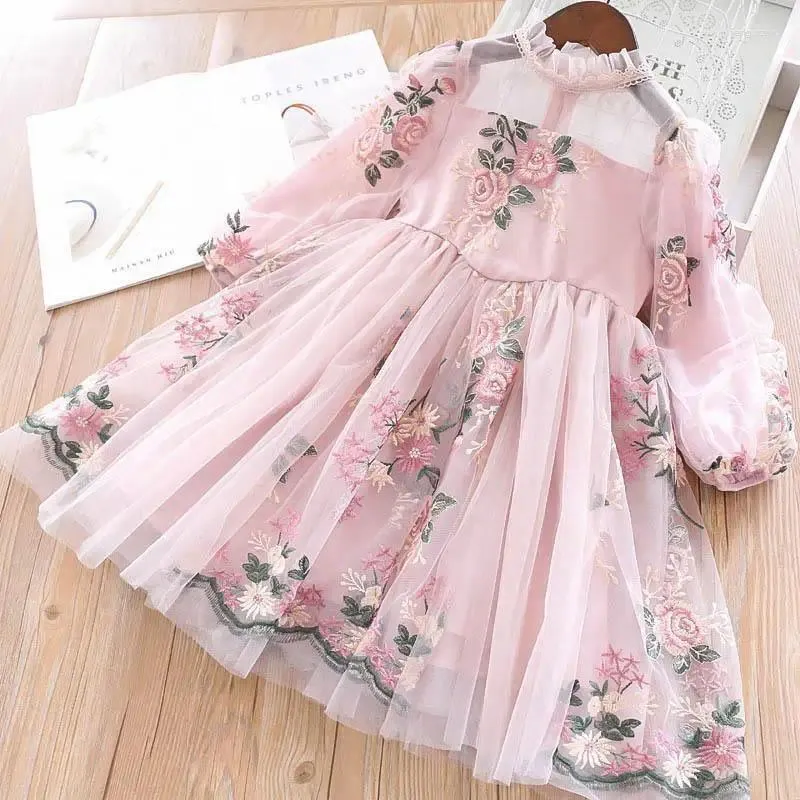 Robes de fille 3-8 ans printemps automne filles robe fleur élégante à manches longues enfants vêtements décontractés Tulle fête d'anniversaire princesse pour Gi