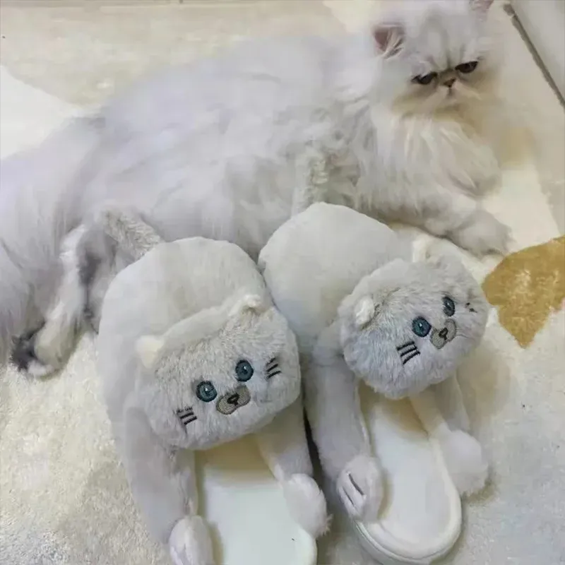 Slippers Plus Size 3643 Indoor Warm Grey Cat Slippers Cute Gril Plush Furry Anime Character Winter Warm Men Unisex Home Slippers Women