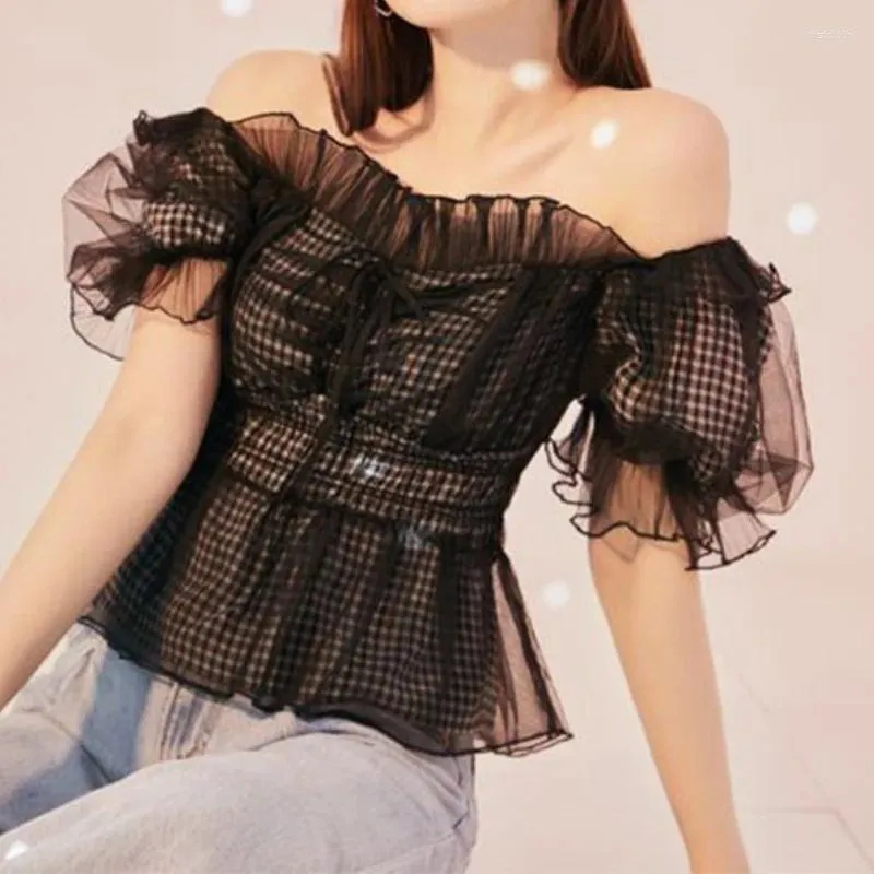 Women's Blouses Sweet Mesh Design Tops Bubble Sleeve Collar Off-the-shoulder Shirts Female 2024 Spring Summer Japan Style Slim Waist Blouse