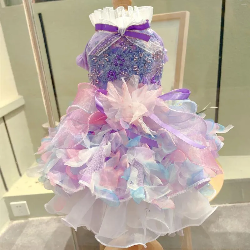 Dog Apparel Luxury Handmade Beading Embroidery Flower High-end Pet Clothes Fashion Purple Lace Bow Princess Dress For Small Medium Dogs