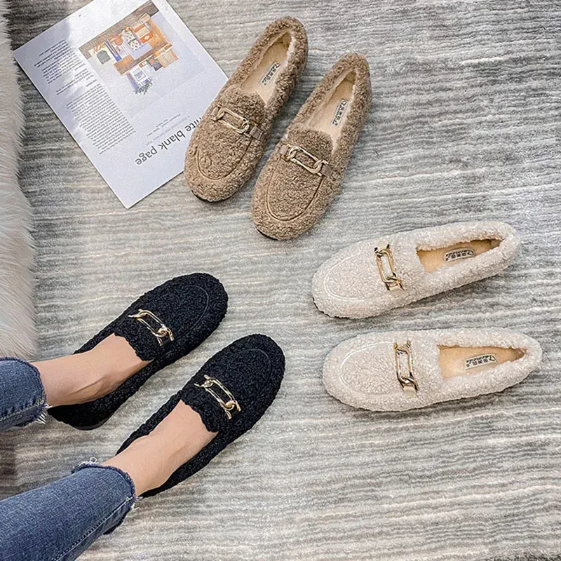 Boots Celebrity Metal chain fur flats woman plush loafers fleeces sneakers ins winter shoes women lambswool moccasins plus size 42/43