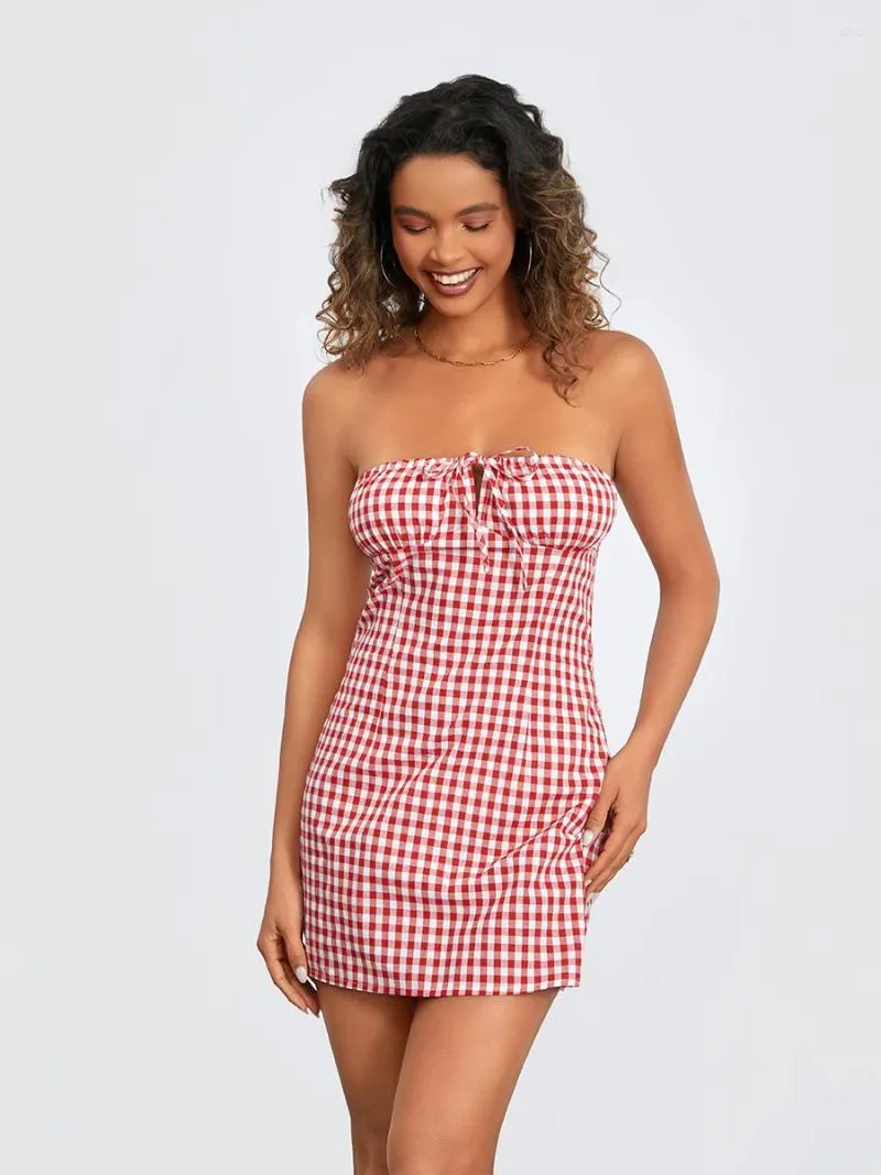 Robes décontractées Femmes Mini Robe Sans Bretelles Dos Nu Tie-Up Plaid Slim Fit Summer Tube Clubwear