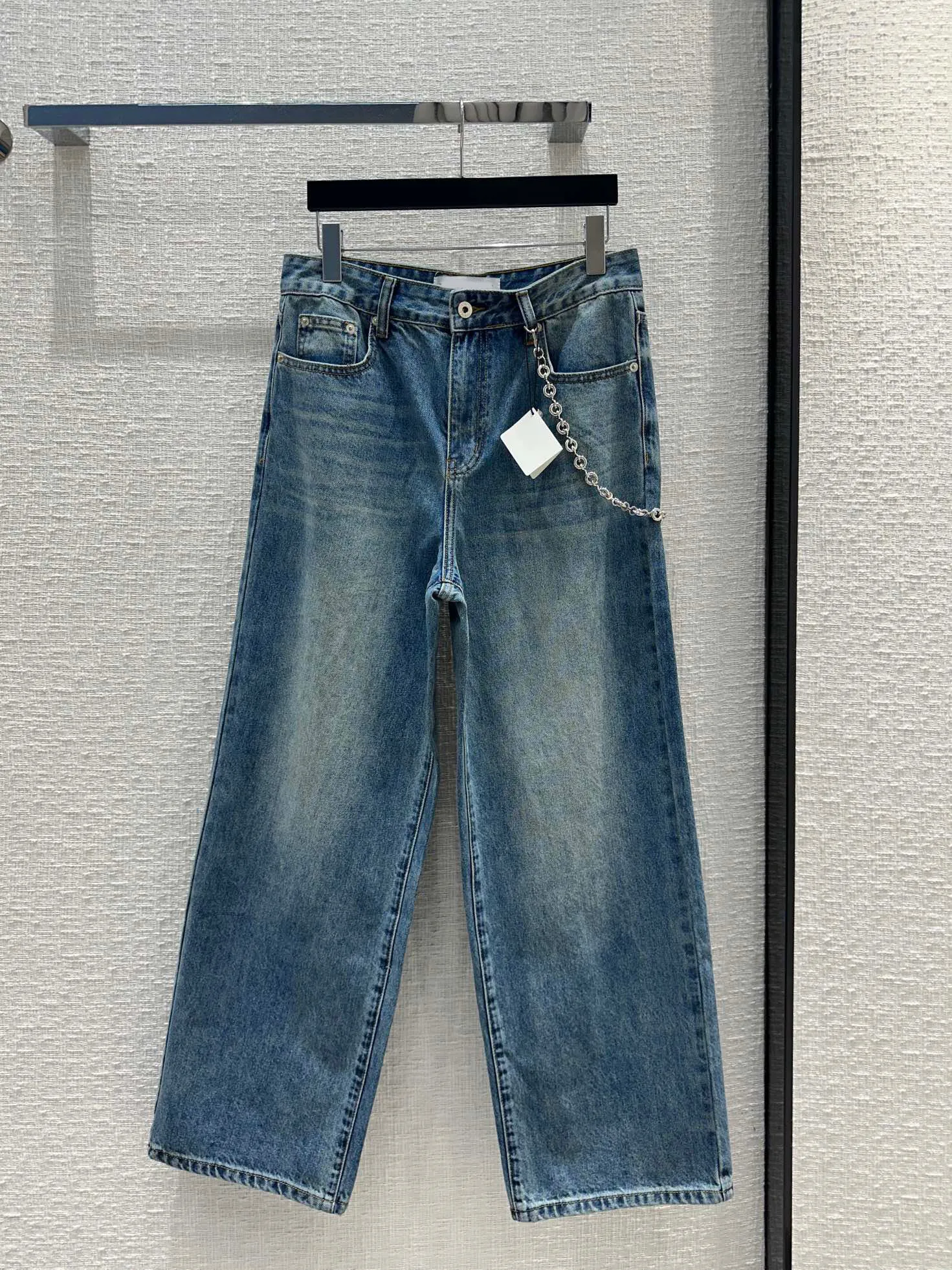 Mode rakt löst jeans med kedjebälte kvinnlig hög midja jeans kvinnor casual design jeans vintage blå denim byxor dam