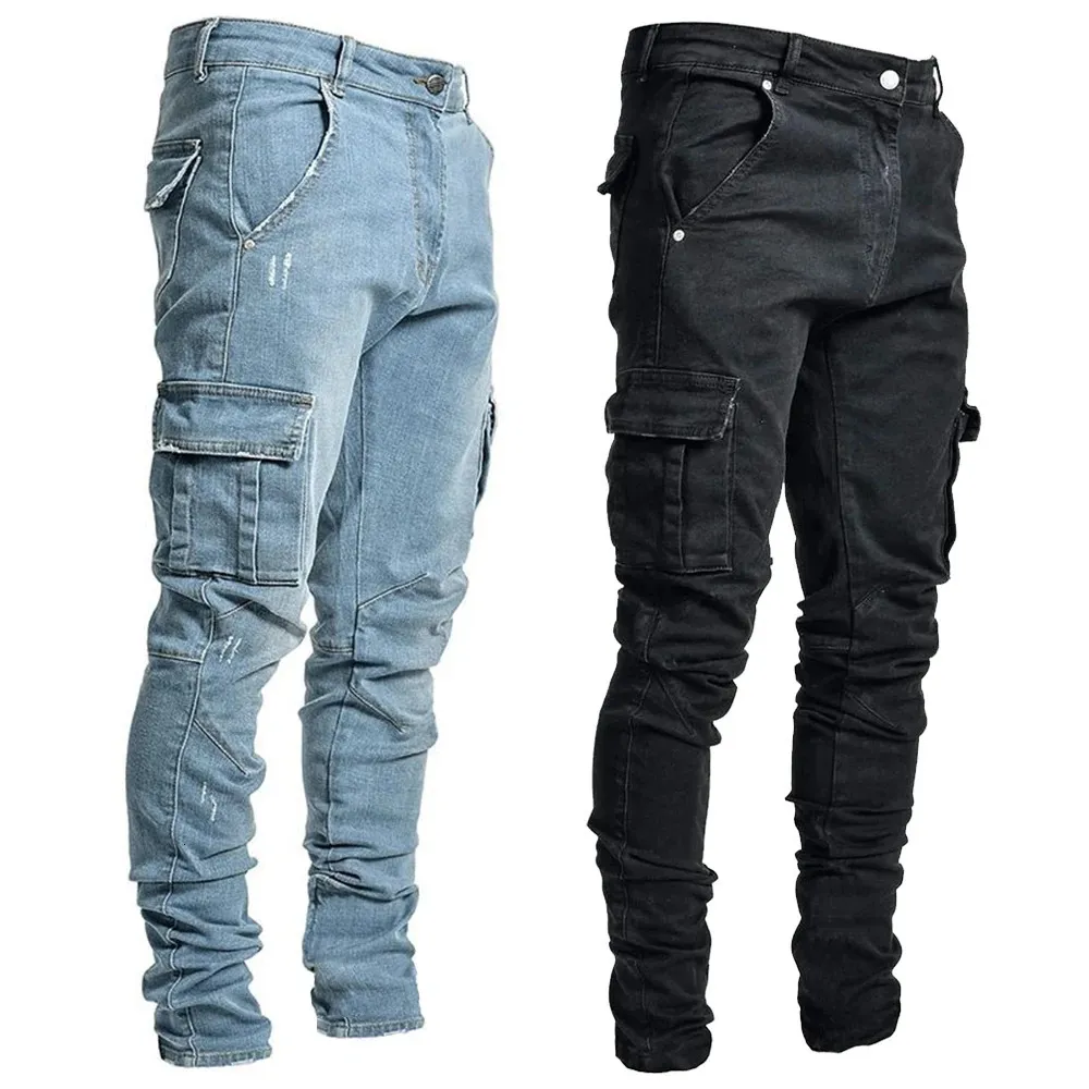 Street Elastic Jeans Herren Denim Cargohose Wash Solid Color Multi Pockets Casual Mid Waist Hose Slim Fit Daily Wear Joggers 240311