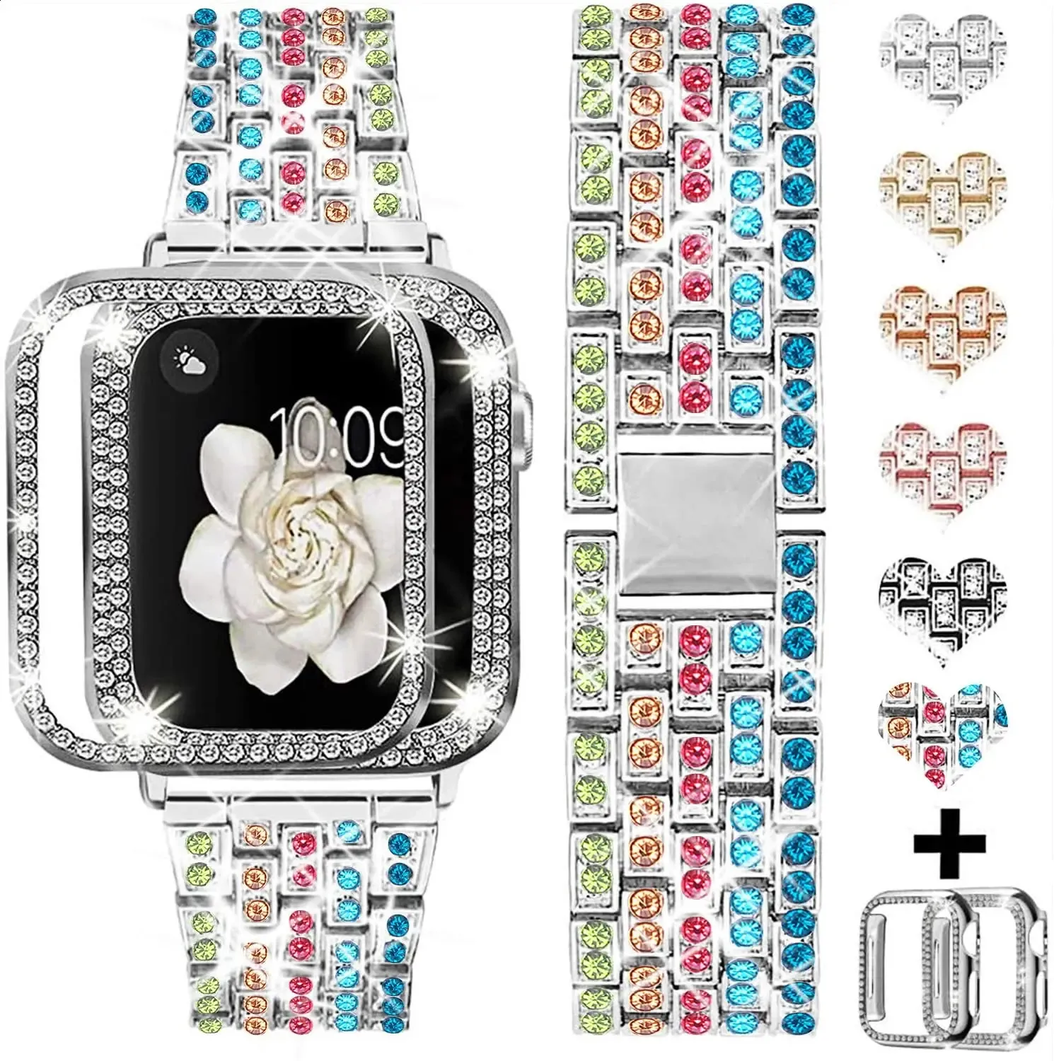 Pulseira de diamante de metal com capa para relógio 45mm 41mm 44 mm 42mm 40mm 38mm pulseira feminina para iwatch 8 7 6 5 4 3 se 240311