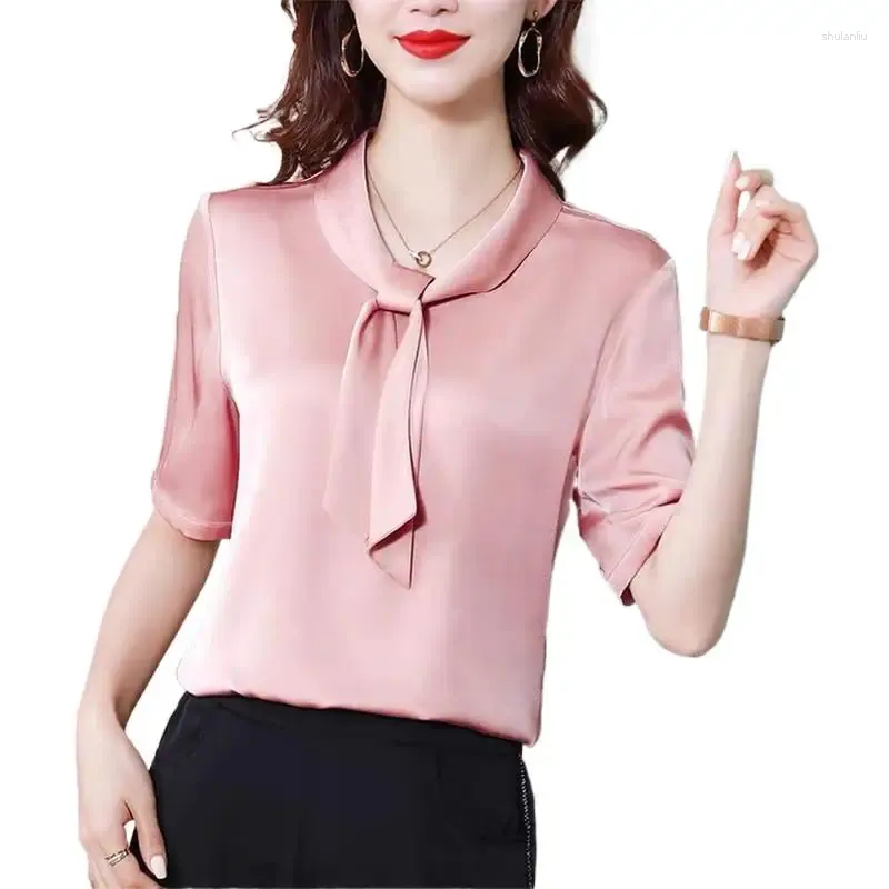 Camicette da donna Francese Dolce Elegante Ufficio Sciarpa con lacci Colletto Mezza manica Raso Camicia di seta di ghiaccio da donna di lusso Ropa Mujer Verano Moda