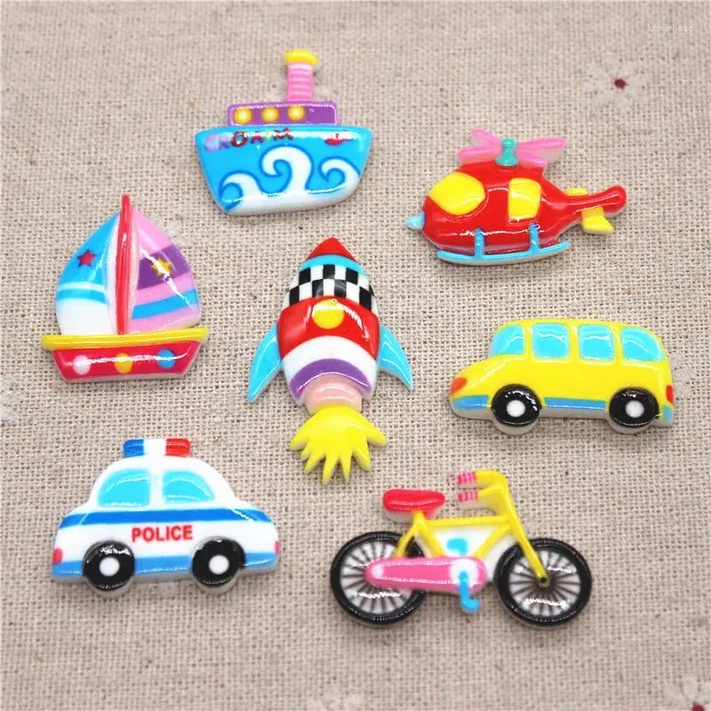 Estatuetas decorativas 10 peças estilo misto transporte resina carro/barco/bicicleta/helicóptero/foguete cabochão em miniatura com parte traseira plana faça você mesmo scrapbooking artesanal