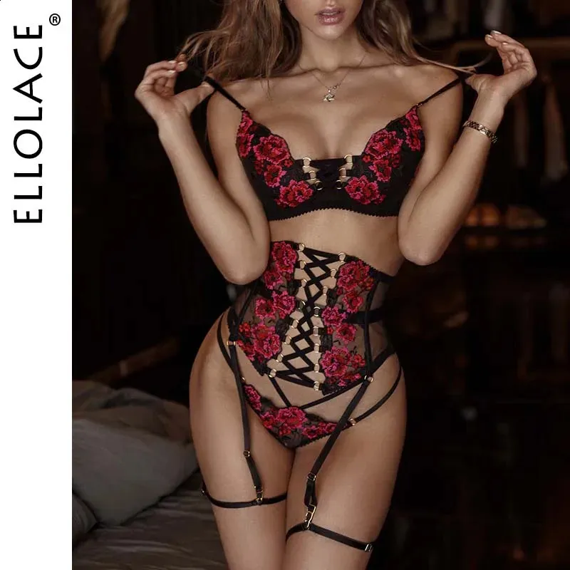 Ellolace sensuele lingerie sexy borduurwerk bandage breves sets kousenbanden slips luxe 3 stuk Whuta erotisch delicaat ondergoed 240305