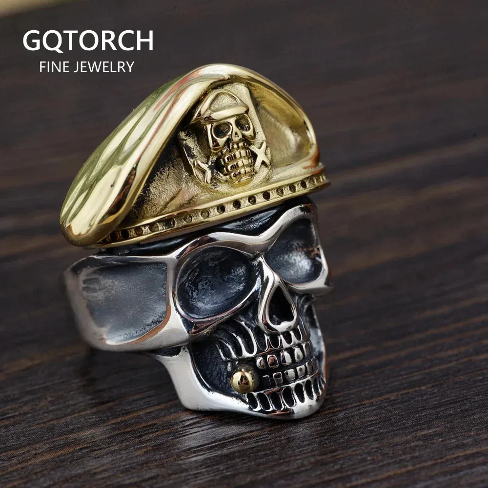 925 Sterling Silver Skull Head Mens Rings Biker With Cap Vintage Punk Rock Male Jewelry Gothic Skeleton 240305