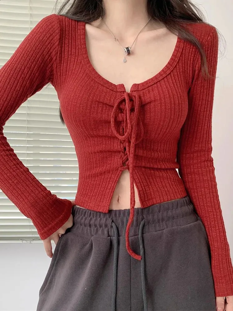 Sweet Fashion вязаный свитер женский весна осень с длинным рукавом на шнуровке укороченный топ в корейском стиле элегантный тонкий пуловер топы Y2k одежда 240313