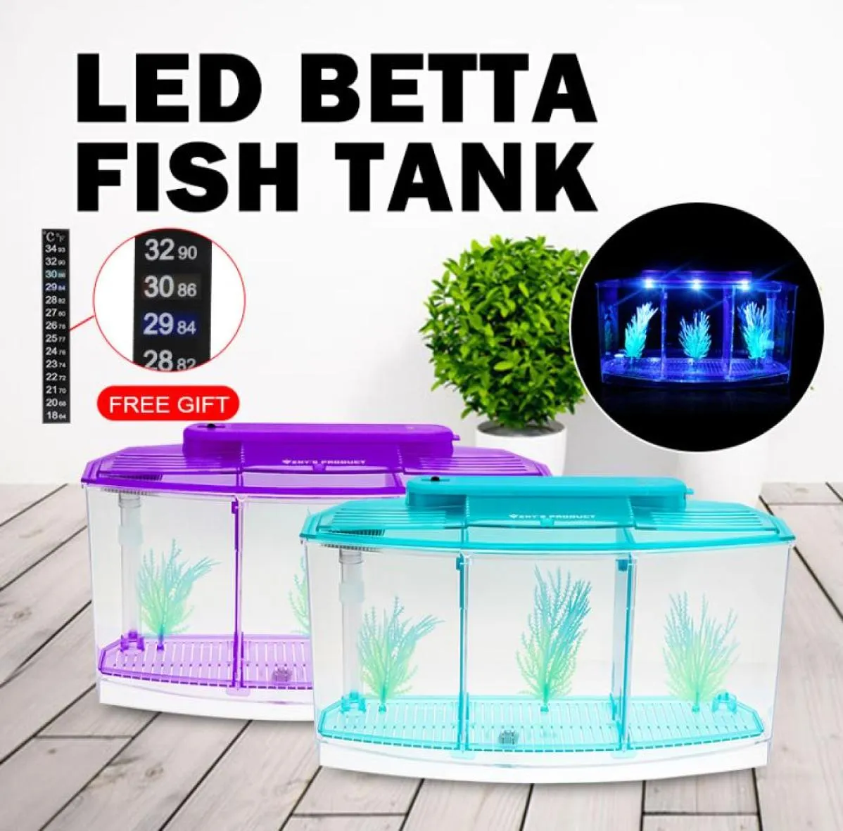 Senzeal Transparent Acrylic Fighting Fish Tank Triple Cube Aquarium Led Lighting Dimmable Betta Separate Breed Spawning Mini Box Y9380002