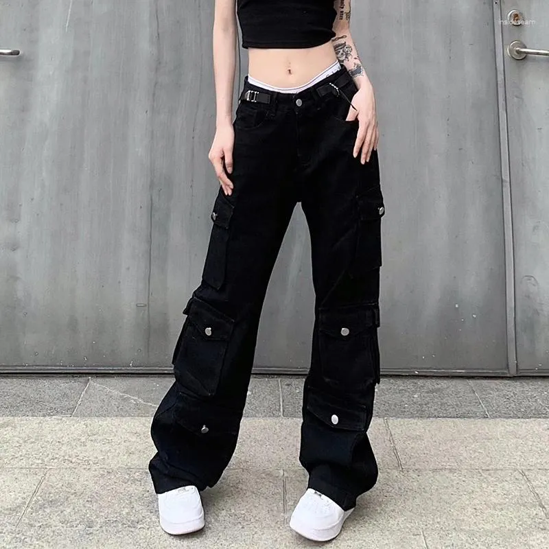 Kvinnors jeans stiliga multi pocket metal spänne raka ben arbetskläder byxor för kvinnor med hög midja lös och bantning