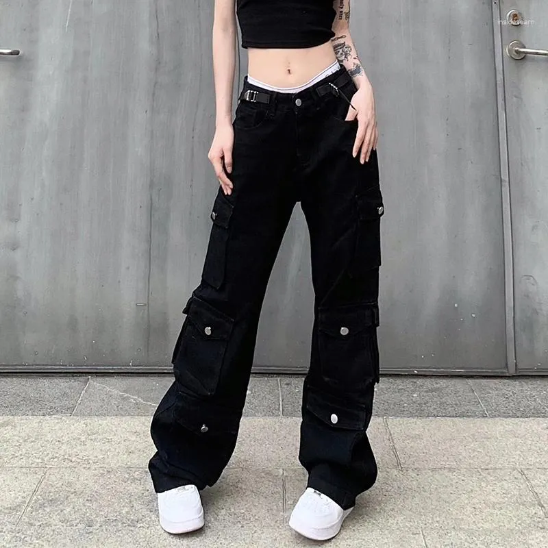 Women's Jeans Handsome Multi Pocket Metal Buckle Straight Leg Workwear Pants For Women With High Waisted Loose And Slimming