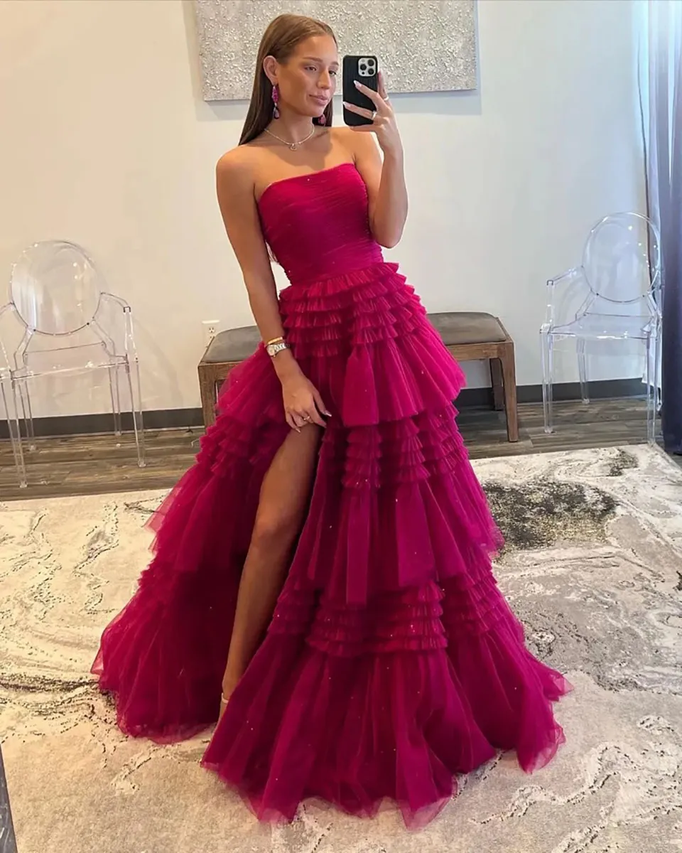 Dark Red Prom Dresses Evening Gown Party A Line Strapless Sleeveless NONE Train Tulle Custom Zipper Lace Up Plus Size New Thigh-High Slits