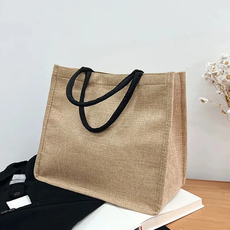 Vintage Women Shopping Bags Linen Tote Shopper Purses Large Summer Beach Handbags Portable Eco High Capacity Top Handle 240308