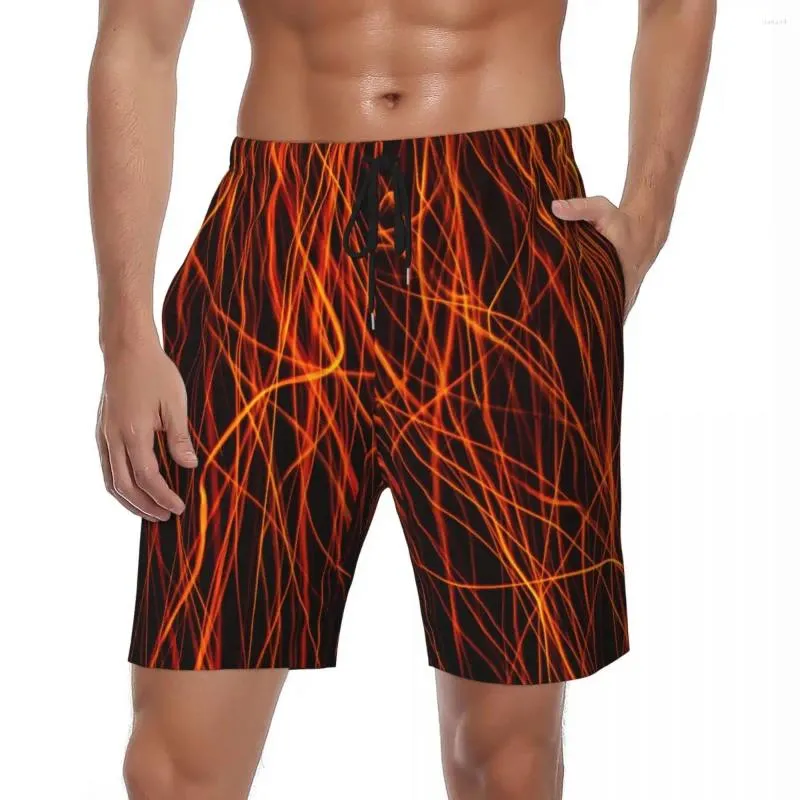 Shorts masculinos placa de fogo verão linhas vermelhas impressão surf calças curtas homens respirável casual personalizado diy troncos de natação oversize