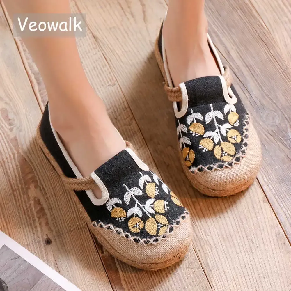 Schoenen VeoWalk Flower geborduurde vrouwen handgemaakte canvas loafers dames casual wandelen Rijdige schoenen veganistische Espadrille sneakers