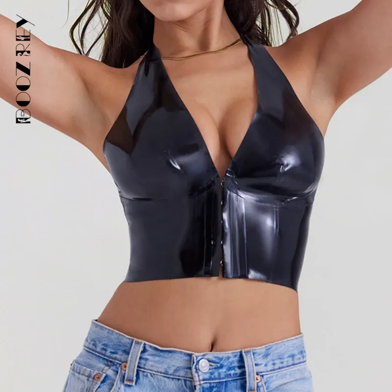 Toppar Boozrey Black Latex Halter Top Women Sexig Party Club Outfit ärmlös backless Streetwear Girls Crop Top Deep V Tank Top Corset