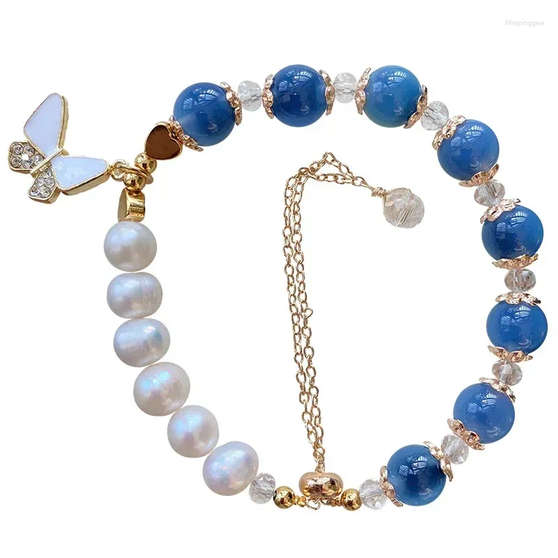 Strand grossist Blue Sugar Heart Crystal Armband Runda pärlor med fjärils charm hänge för kvinnor gåva mode smycken