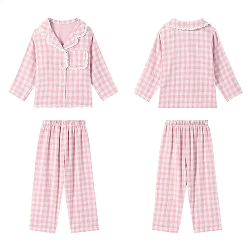 Flickor TurnDown Collar Pink Plaid Pyjama Set Cute Kid Vintage Toddler Kid's Pyjamas Set Sleep Loungewear Children's Clothing 240312