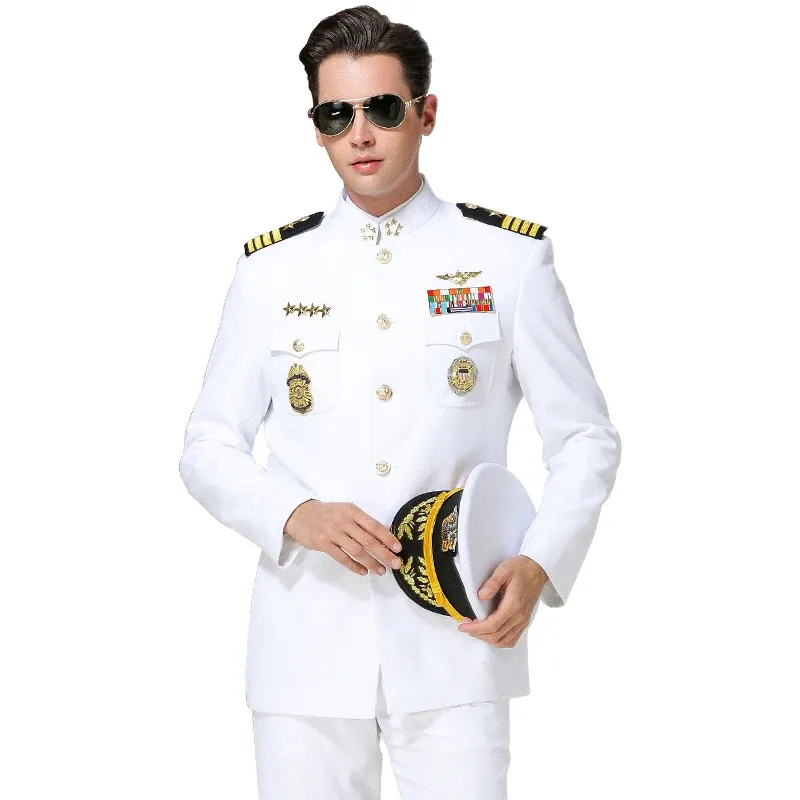 スーツ航空パイロットクラシックホワイトシャツネイビーシャツスーツ男性オフィサードレス船キャプテンセーラーコスチューム大佐スーツユニフォーム