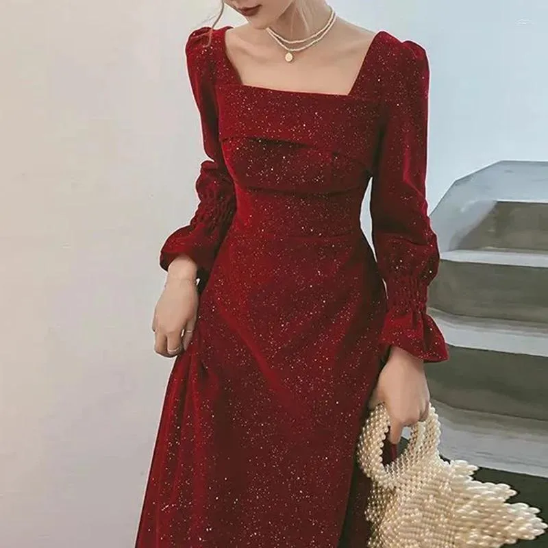 Abiti casual Inverno Rosso Matrimonio Fidanzamento Abito di ritorno in tempi ordinari Abiti De Verano Mujer 2024 Vintage A-LINE