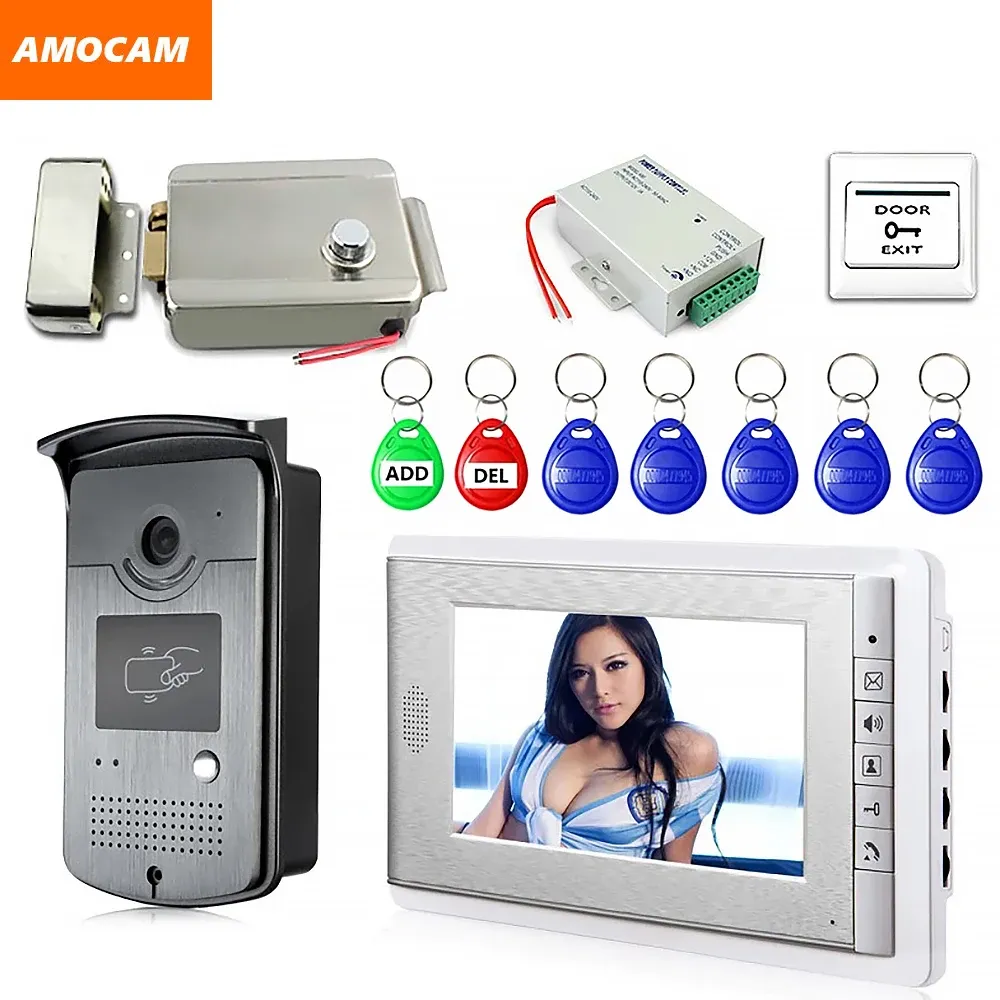 Colmeias 7 "tela sistema de telefone vídeo porta campainha vídeo intercom kits com fechadura elétrica + fonte alimentação + saída porta + rfid keyfob