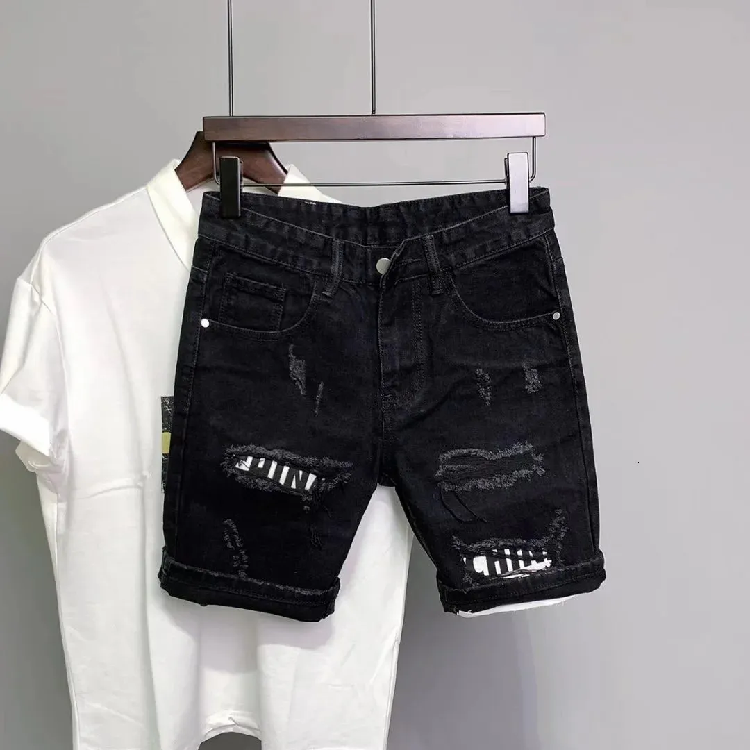 Summer Mens Black Hole Stickers Slim Denim Short Pants Korean Fashion Hip Hop Leggings Harajuku Fashion Men Black Jeans Shorts 240313