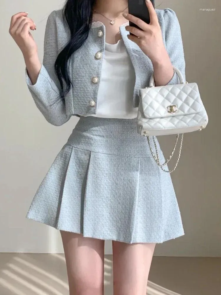 Two Piece Dress Fashion Korea Elegant Tweed Small Fragrance Short Jacket Cropped Coats High Waist Mini Skirts Suits Slim Women Sets