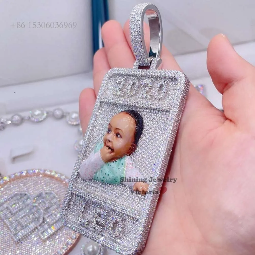 Rectangle Bar Design With Enamel Portrait 3Inch Tall Vvs Moissanite Iced Out Diamond Pendant