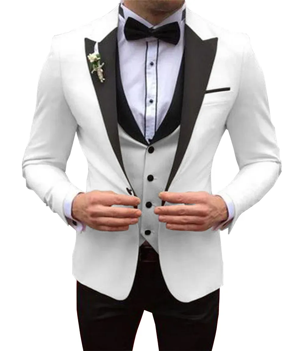 Suits Mens White Suits Slim Fit 3 Pieces Business Jacket Tuxedos Blazer Gentleman For Wedding Groom Prom Evening Party School
