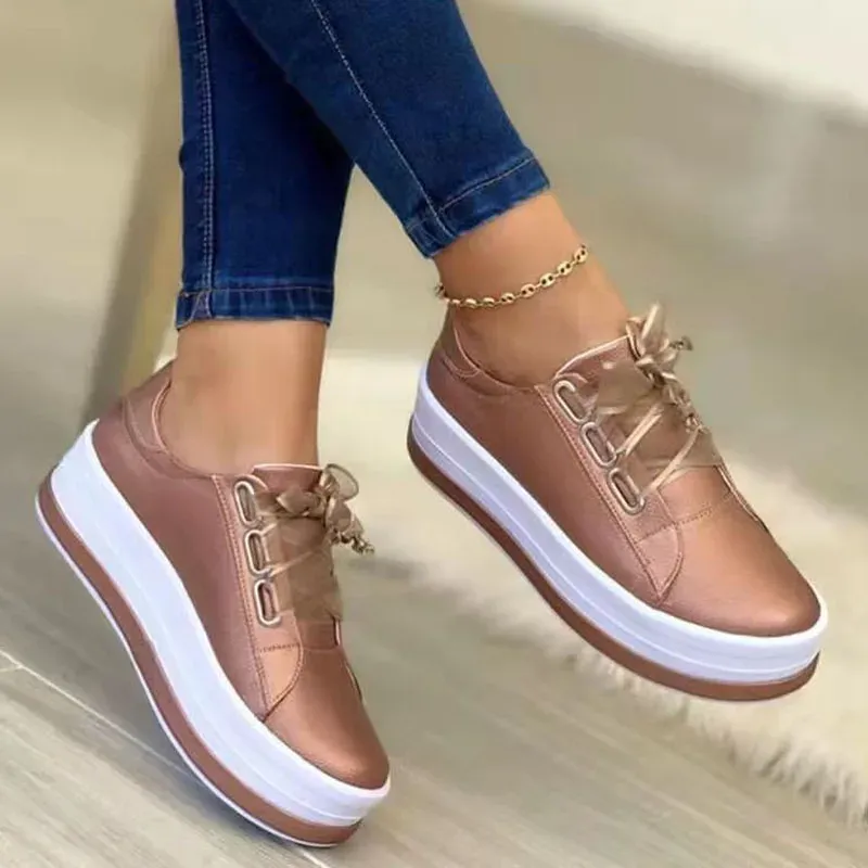Boots Rimocy Shiny Pu Leather Sneakers de fond épais femme plus taille 43 Lace Up Plateforme Chaussures Femmes Gold Silver Flats Zapatos de Mujer