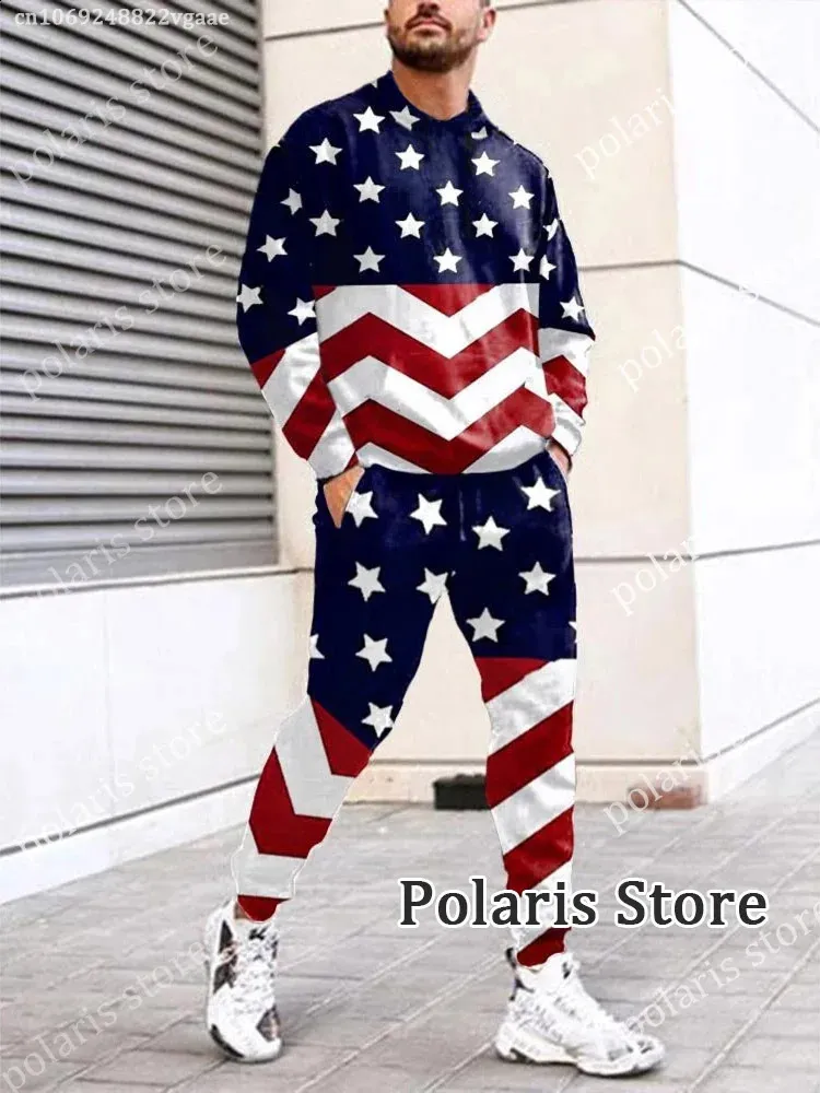 American Flag Tracksuit Homens EUA Calças 2 Peça Outfit Manga Longa T Shirt Set Calças Sweatpants Jogging Ternos Roupas de Grandes Dimensões 240315