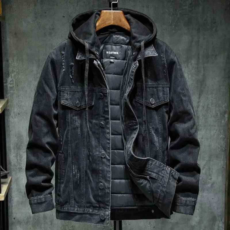 Liner Thicker Winter Black Hooded Denim Jacket Outerwear Warm Men Lining Plus Cotton Thick Cowboy Jacket Coat Large Size 5XL 240315