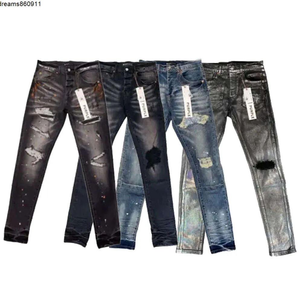 Mens Jeans Roxo Designer Denim Calças Bordadas Moda Buracos Calças EUA Tamanho Hip Hop Angustiado Zipper Calças