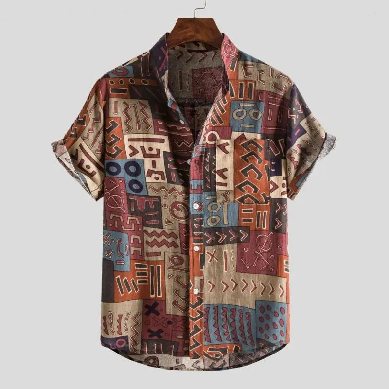 Camisas casuales para hombres Cuello alto Camisa de manga corta Estilo retro Hombres Top de verano a rayas con para diario