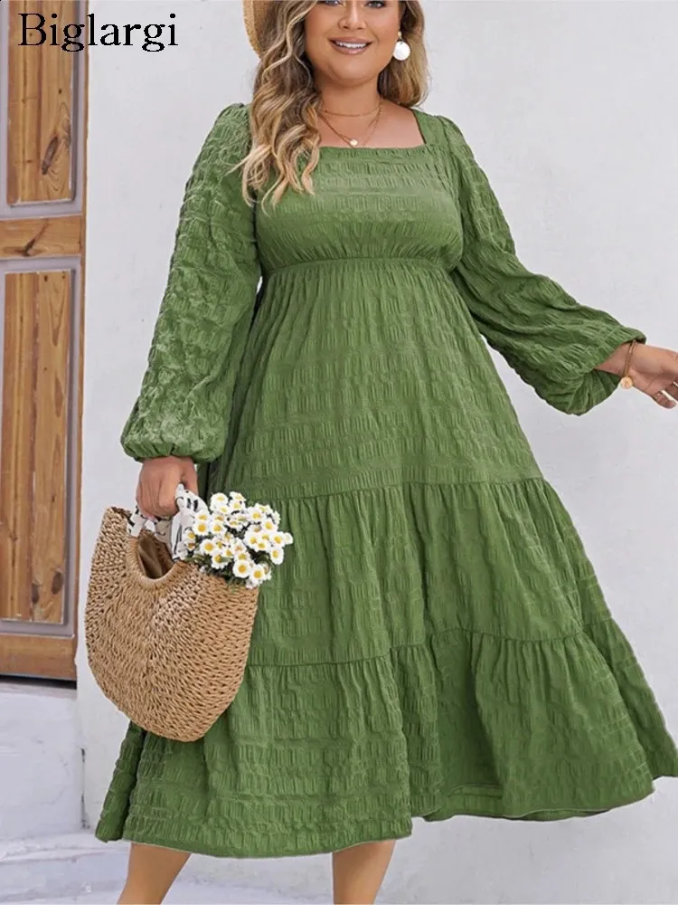 Plus Size Spring Midi Square Collar Dres Loose Ruffle Pleated Modis Ladies Dresses Flared Long Sleeve Casual Woman Dress 240311