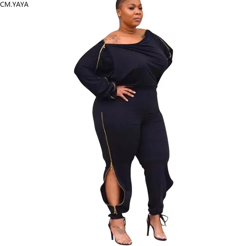 bottoms CM.YAYA Plus Size L4XL Summer Women Jumpsuits Off Shoulder Full Sleeve Zipper Bodycon Sexy Night Club Romper One Piece Outfits