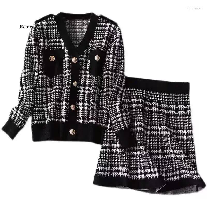 Vestidos de trabalho moda houndstooth camisola de malha saia de duas peças conjunto feminino casual pulôver de peito único tops de malha e saias de linha a