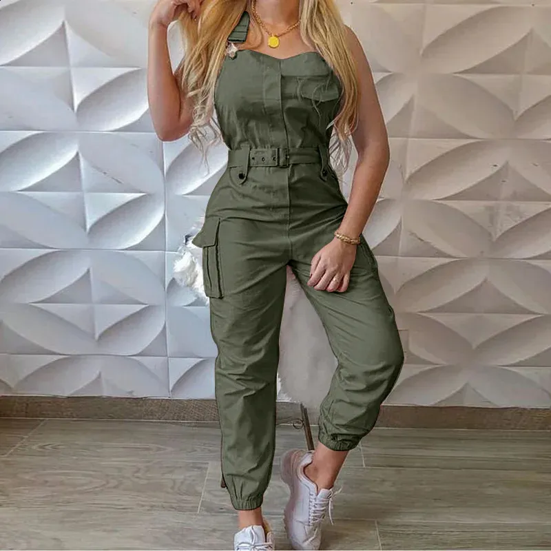 Style Women Solid Color Cargo Jumpsuit med midjeband Square Collar Sleeveless Overalls Plus Size S-XXXL 240308