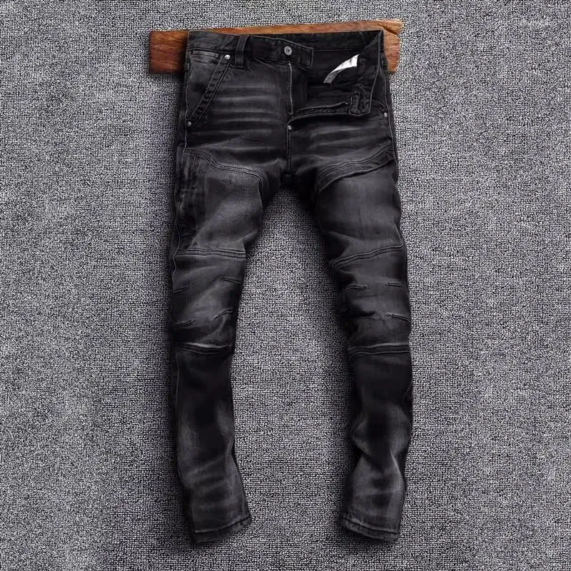 Jeans pour hommes Streetwear Mode Hommes Haute Qualité Rétro Noir Gris Stretch Slim Fit Épissé Designer Biker Hip Hop Denim Pantalon