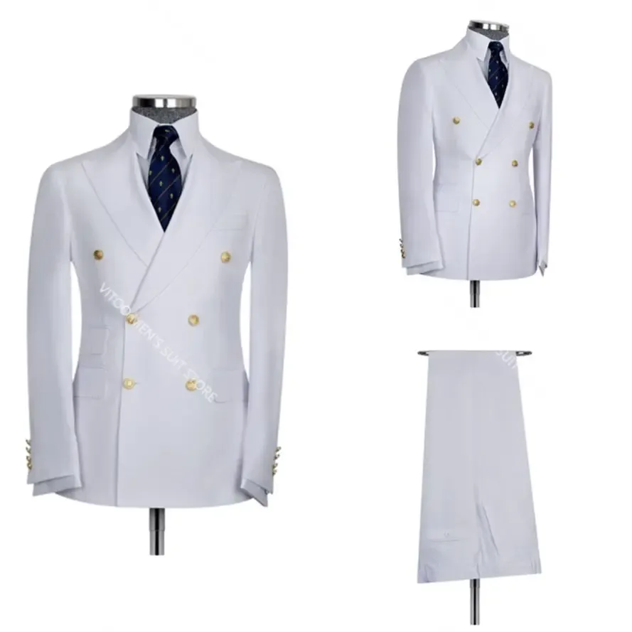 Suits Classic White Solid Color Men Suits Peaked Lapel Blazer Custom Made Double Breasted Party Prom Coat Tuxedos/Wedding Male Sets